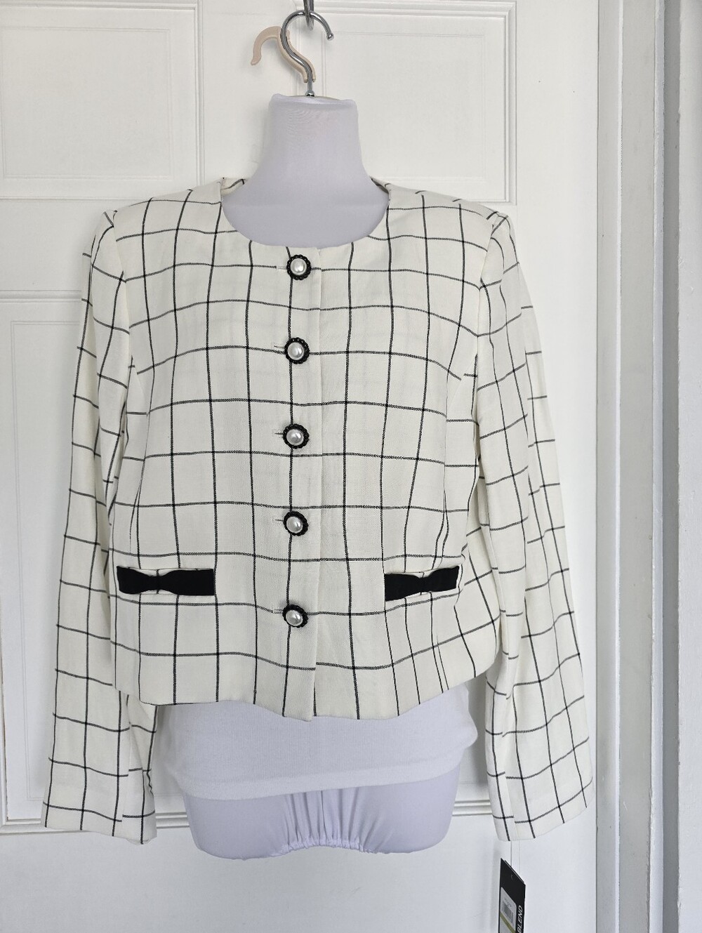 Karl Lagerfeld Linen Blend Windowpane Print Cropped Jacket Women's sz 14